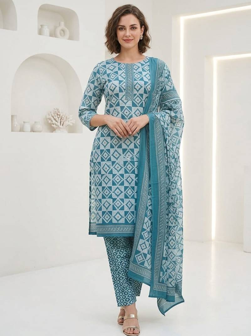 Blue printed cotton blend stitched geometric print salwar kurta dupatta for women