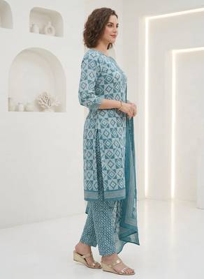 Blue printed cotton blend stitched geometric print salwar kurta dupatta for women 2