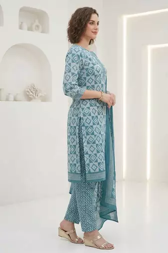 Blue printed cotton blend stitched geometric print salwar kurta dupatta for women