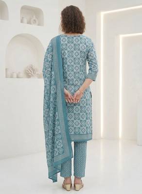 Blue printed cotton blend stitched geometric print salwar kurta dupatta for women 3