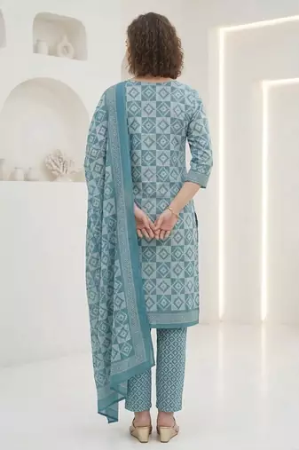 Blue printed cotton blend stitched geometric print salwar kurta dupatta for women