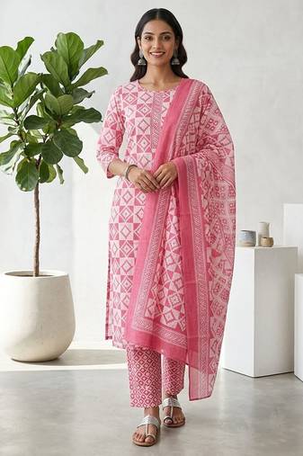 Pink printed cotton blend stitched geometric print salwar kurta dupatta for women