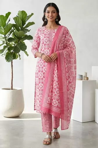 Pink printed cotton blend stitched geometric print salwar kurta dupatta for women
