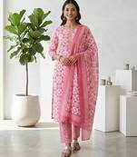 Pink printed cotton blend stitched geometric print salwar kurta dupatta for women