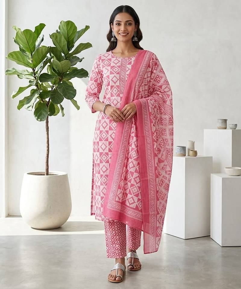 Pink printed cotton blend stitched geometric print salwar kurta dupatta for women