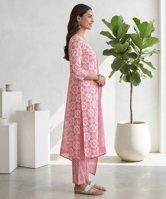 Pink printed cotton blend stitched geometric print salwar kurta dupatta for women 2