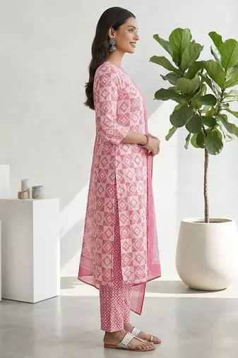 Pink printed cotton blend stitched geometric print salwar kurta dupatta for women
