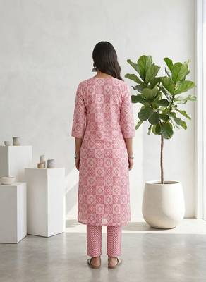 Pink printed cotton blend stitched geometric print salwar kurta dupatta for women 3