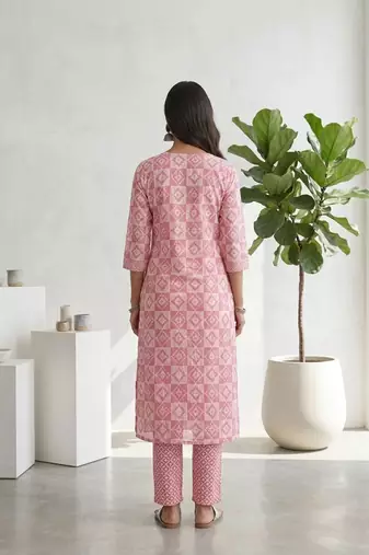 Pink printed cotton blend stitched geometric print salwar kurta dupatta for women