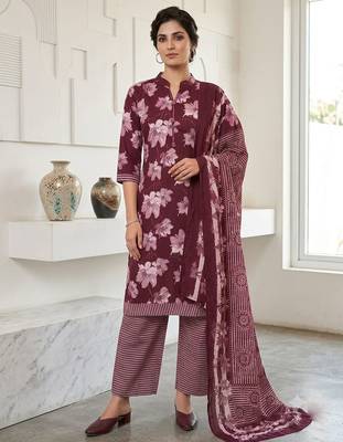 Wine printed cotton blend stitched floral print salwar kurta dupatta for women 1