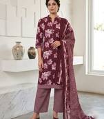 Wine printed cotton blend stitched floral print salwar kurta dupatta for women