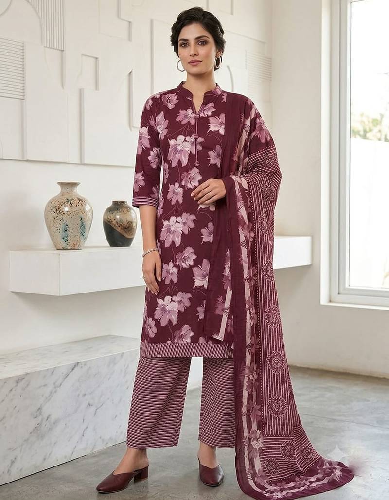 Wine printed cotton blend stitched floral print salwar kurta dupatta for women