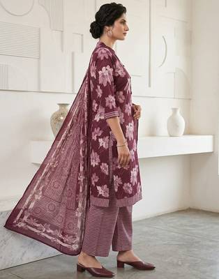 Wine printed cotton blend stitched floral print salwar kurta dupatta for women 2