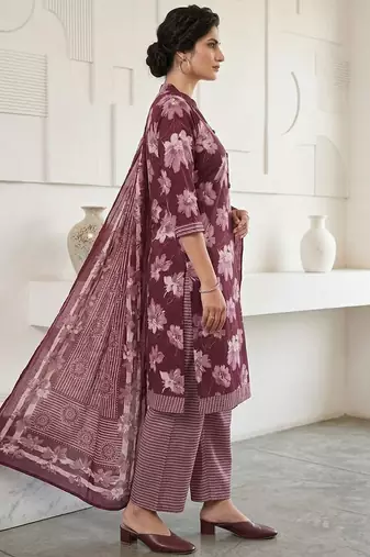 Wine printed cotton blend stitched floral print salwar kurta dupatta for women