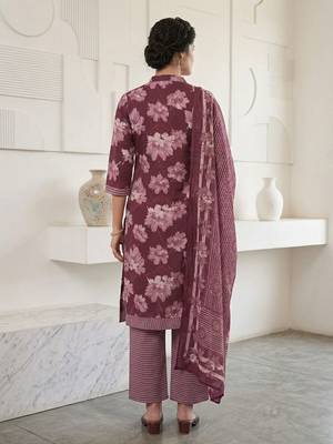 Wine printed cotton blend stitched floral print salwar kurta dupatta for women 3