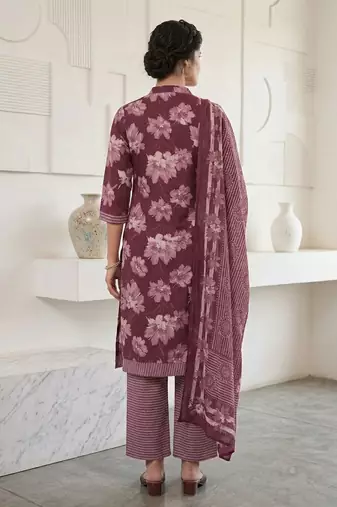 Wine printed cotton blend stitched floral print salwar kurta dupatta for women
