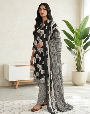 Black printed cotton blend stitched floral print salwar kurta dupatta for women 1