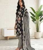 Black printed cotton blend stitched floral print salwar kurta dupatta for women