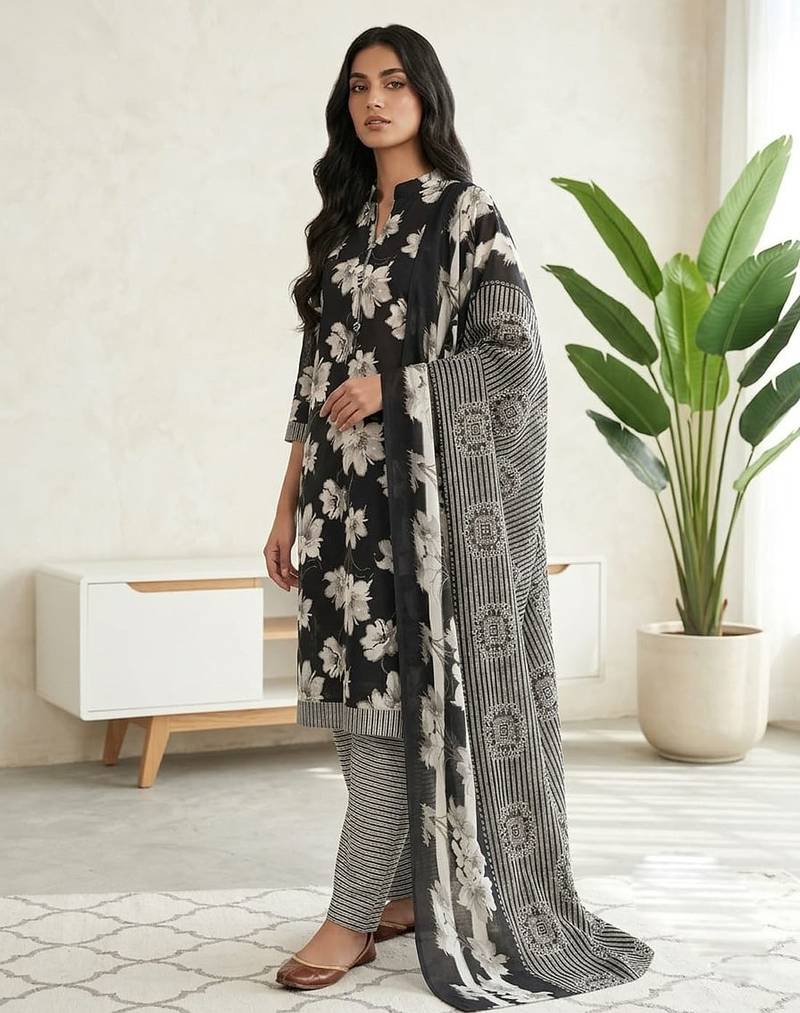 Black printed cotton blend stitched floral print salwar kurta dupatta for women