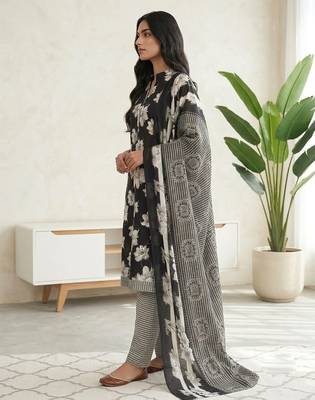 Black printed cotton blend stitched floral print salwar kurta dupatta for women 2