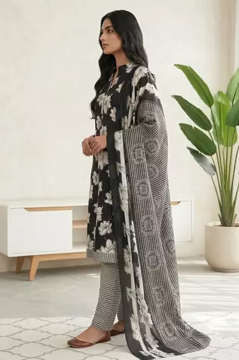 Black printed cotton blend stitched floral print salwar kurta dupatta for women
