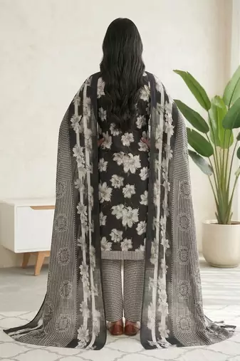 Black printed cotton blend stitched floral print salwar kurta dupatta for women