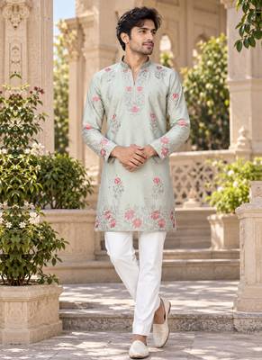 Men's pastel sage green zari thread embroidery work kurta set 1