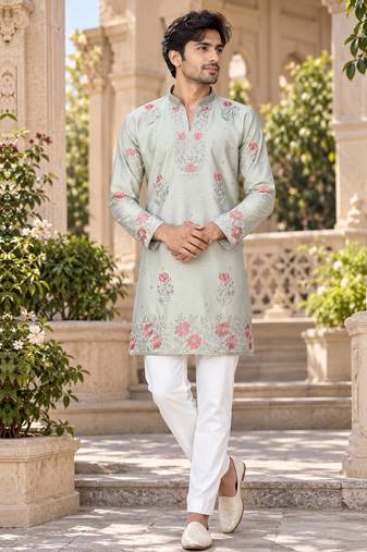 Men's pastel sage green zari thread embroidery work kurta set
