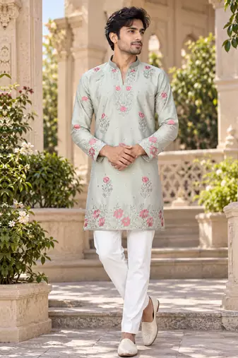 Men's pastel sage green zari thread embroidery work kurta set