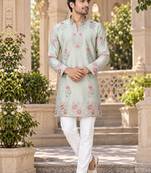 Men's pastel sage green zari thread embroidery work kurta set