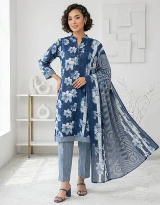 Blue printed cotton blend stitched floral print salwar kurta dupatta for women 1