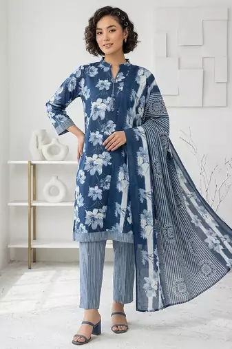 Blue printed cotton blend stitched floral print salwar kurta dupatta for women