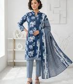 Blue printed cotton blend stitched floral print salwar kurta dupatta for women