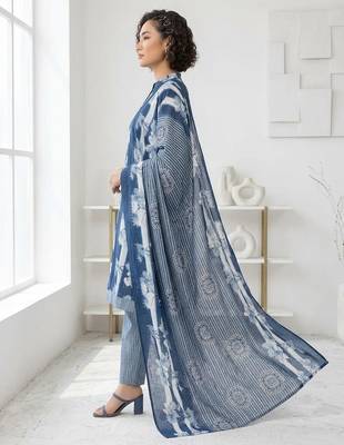 Blue printed cotton blend stitched floral print salwar kurta dupatta for women 2