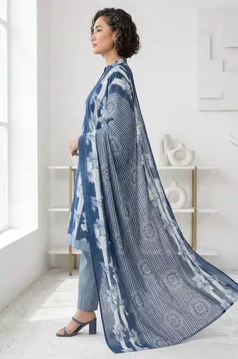 Blue printed cotton blend stitched floral print salwar kurta dupatta for women