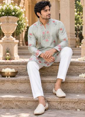 Men's pastel sage green zari thread embroidery work kurta set 2