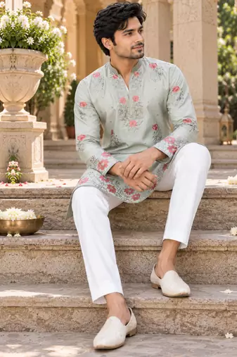 Men's pastel sage green zari thread embroidery work kurta set