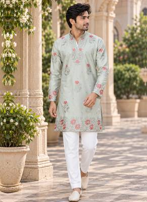 Men's pastel sage green zari thread embroidery work kurta set 3