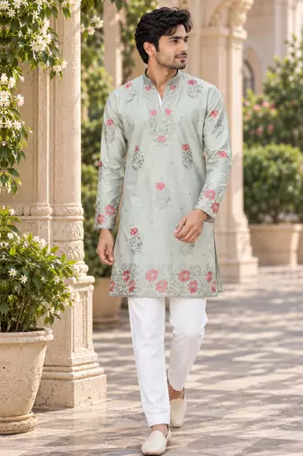Men's pastel sage green zari thread embroidery work kurta set
