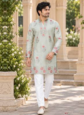 Men's pastel sage green zari thread embroidery work kurta set 4