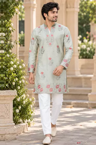 Men's pastel sage green zari thread embroidery work kurta set