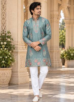 Men's dusty teal zari thread embroidery work kurta pajama 1