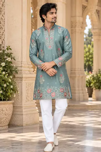 Men's dusty teal zari thread embroidery work kurta pajama