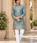 Men's dusty teal zari thread embroidery work kurta pajama