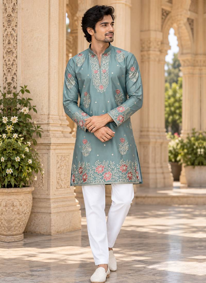 Men's dusty teal zari thread embroidery work kurta pajama