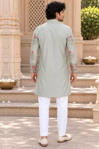 Men's pastel sage green zari thread embroidery work kurta set