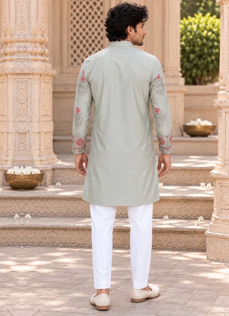 Men's pastel sage green zari thread embroidery work kurta set
