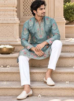 Men's dusty teal zari thread embroidery work kurta pajama 2
