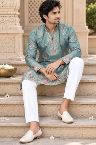 Men's dusty teal zari thread embroidery work kurta pajama