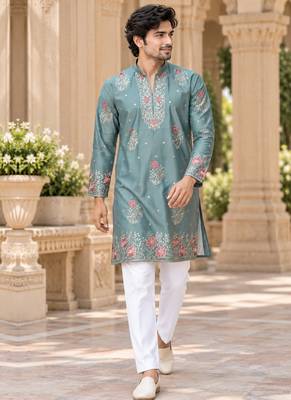 Men's dusty teal zari thread embroidery work kurta pajama 3